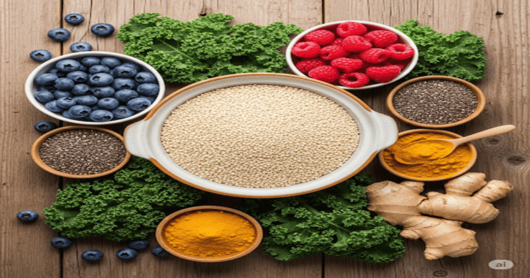 Batch-Cooking : Gagnez Temps & Argent au Quotidien 1 "Super-aliments : baies, graines de chia, curcuma, gingembre et quinoa pour une alimentation saine et énergisante."