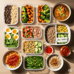 Manger Sainement Pas Cher : Batch Cooking, Salades & Légumes 2 "Batch cooking pour 10 repas à 20€ : Divers contenants avec des repas pré-préparés incluant riz, légumes rôtis, lentilles, œufs et sauces."