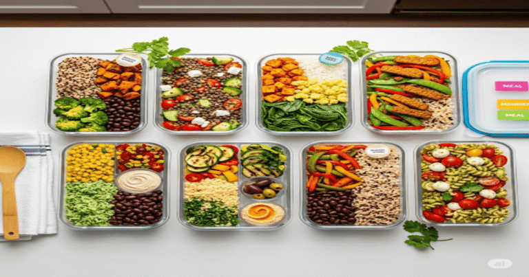 "Vue de dessus de plusieurs boîtes de repas végétariens préparés à l'avance pour le batch cooking : salades colorées, légumes rôtis, quinoa, et lentilles, disposées sur un comptoir de cuisine propre."