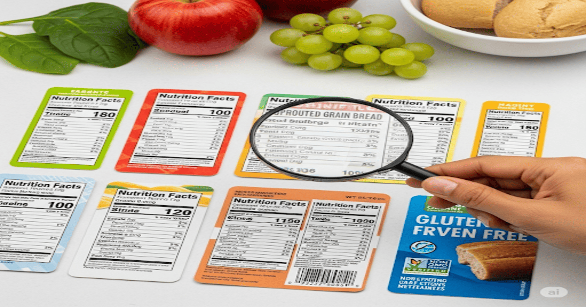 Comment Lire les Étiquettes Alimentaires : une main tenant une loupe pour examiner les informations nutritionnelles et la liste d'ingrédients d'un produit, avec des fruits et légumes frais en arrière-plan.