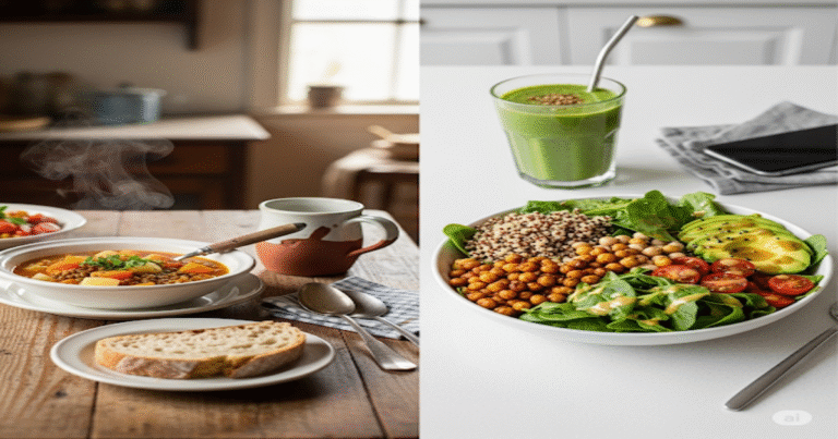 Manger Sainement Petit Budget : Tradition vs Moderne 1 Manger Sainement Petit Budget : Repas traditionnel économique et plat moderne sain et abordable."