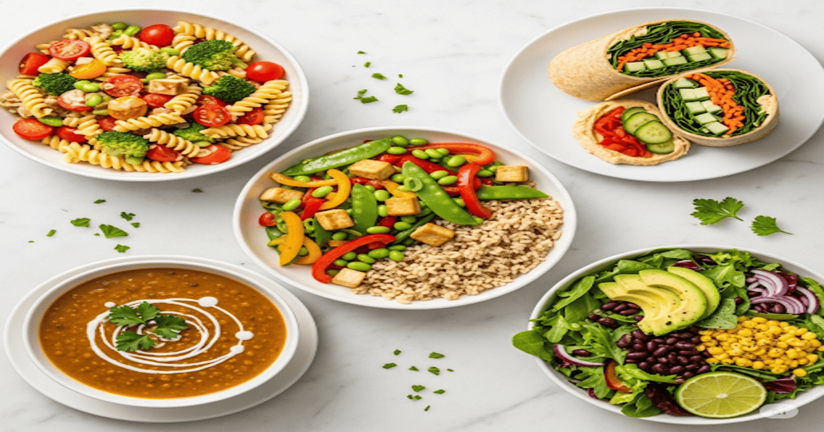 Recette 1. 5 Recettes Végétariennes Express pour Soirées Pressées : 1 "5 Recettes Végétariennes Express : Pâtes, stir-fry, wrap, soupe de lentilles et salade, prêts rapidement pour le soir."