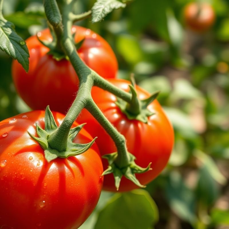 Une tomate bio mûre encore accrochée à sa branche, avec des gouttes d’eau, en arrière-plan un potager naturel – macro photographie, style lumineux naturel