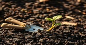 a finished compost pile rich dark and teeming with life featuring a small garden trowel resting