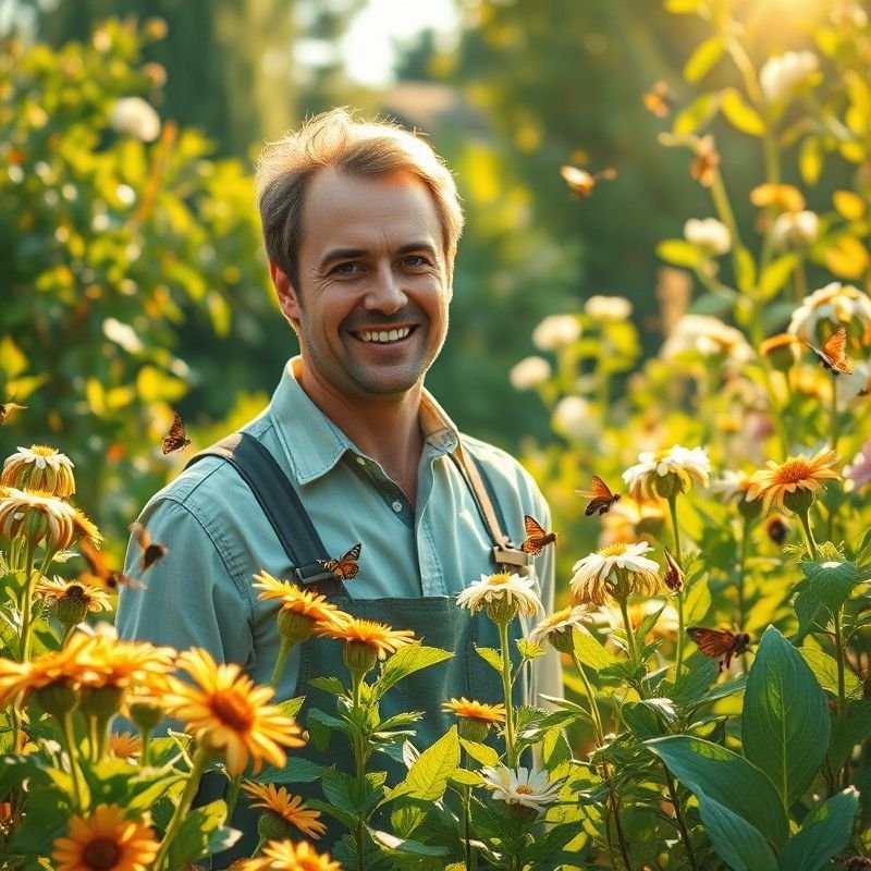 Attirer abeilles papillons Arrosage économe Plantes 4 Un jardinier (homme ou femme) souriant, debout dans son jardin prospère et vivant, observant les abeilles et papillons voler autour des fleurs, avec une expression de satisfaction. La lumière du soleil est douce et chaleureuse.