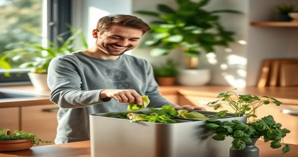 Composter à la maison bio : Guide du jardinage naturel 2 Personne ajoutant des déchets de cuisine dans un composteur, illustrant le compostage à la maison.