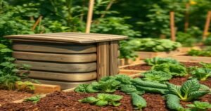 Composter à la maison bio : Guide du jardinage naturel 5 a traditional wooden compost bin nestled in a lush green garden with healthy vegetables thriving i
