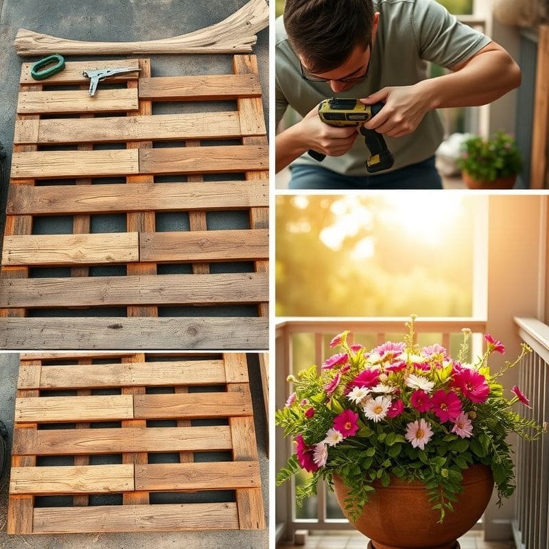 Jardinière de balcon Composteur maison Récupération d'eau 2 Étapes de fabrication d'une jardinière de balcon en palettes recyclées.