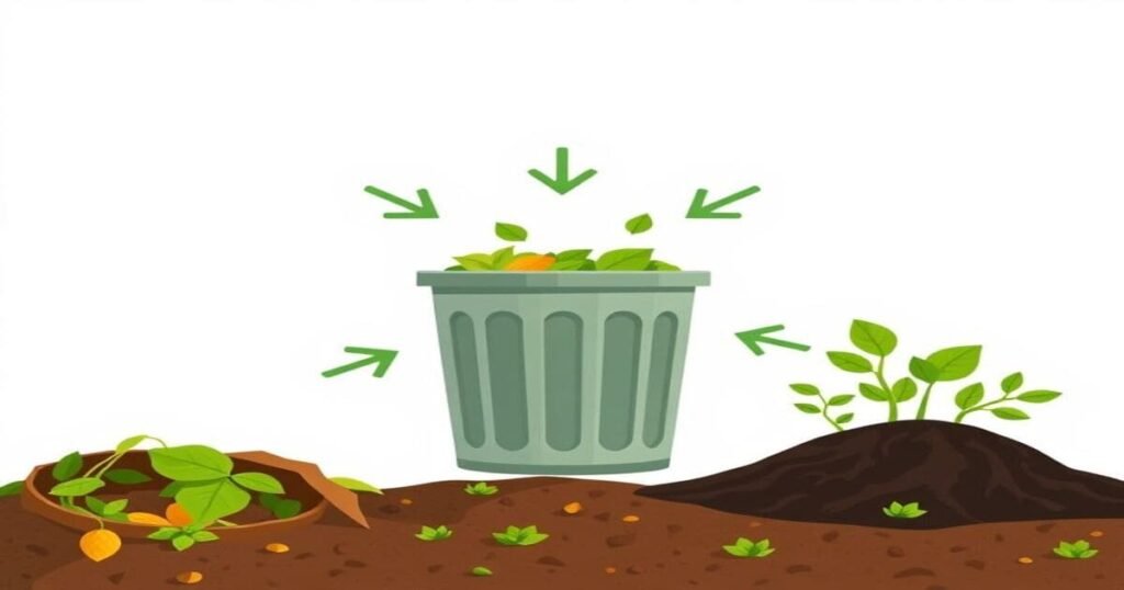 Composter à la maison bio : Guide du jardinage naturel 3 Une infographie montrant des déchets organiques détournés d'une poubelle vers un composteur, avec des flèches menant à des plantes saines et un sol fertile.