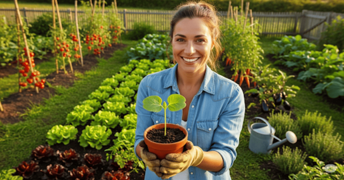 Un jardinier souriant tenant une jeune pousse, symbolisant le démarrage d'un potager bio.