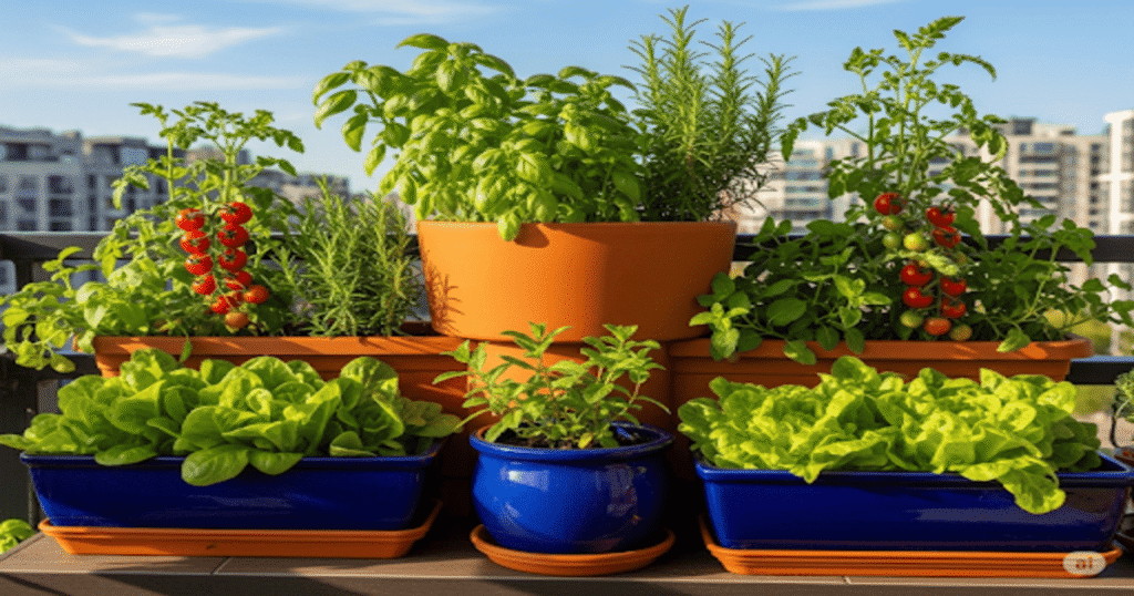 Démarrer un potager bio bio : Guide complet du jardinage naturel 4 Un balcon urbain verdoyant avec des jardinières empilées et des herbes aromatiques luxuriantes.