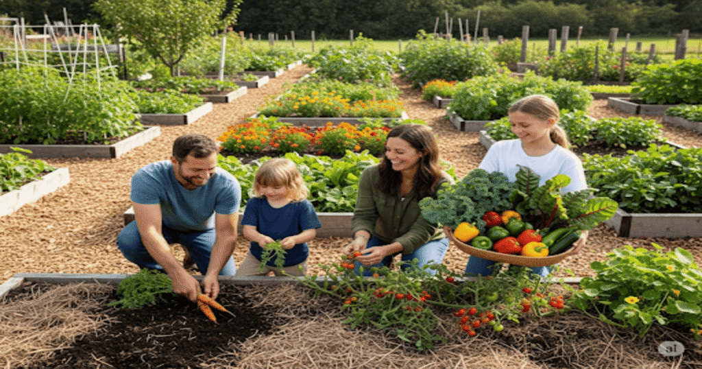 Démarrer un potager bio bio : Guide complet du jardinage naturel 3 Une famille souriante récoltant des légumes dans un grand potager en permaculture.