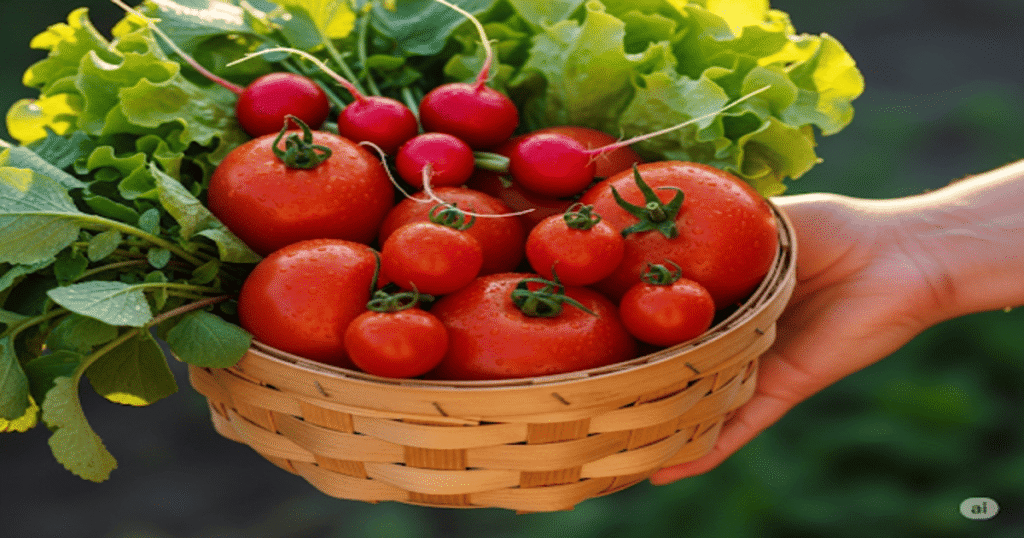 Démarrer un potager bio bio : Guide complet du jardinage naturel 5 Main tenant un panier de légumes bio fraîchement récoltés.